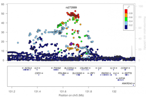 Regional association plot for the SLC22A4 locus and valine/isovalerylcarnitine ratios